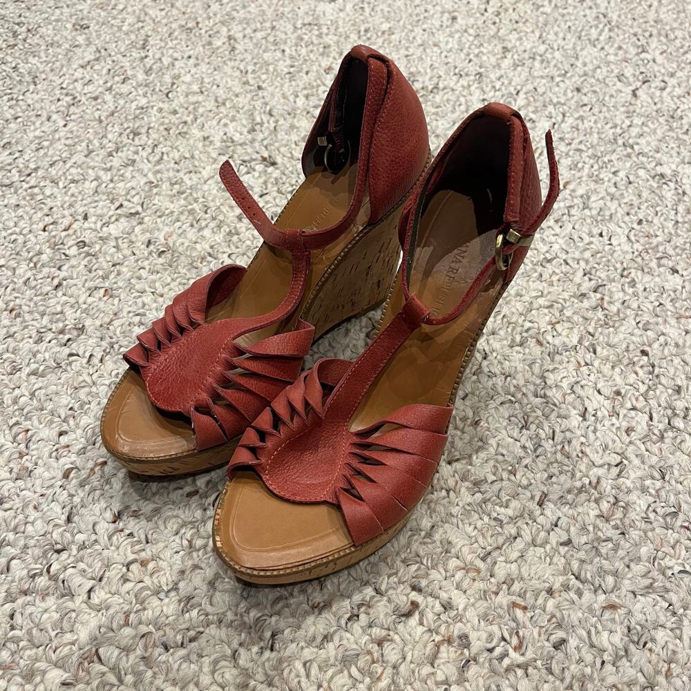 Banana Republic Red Leather T-Strap Wedge Sandals